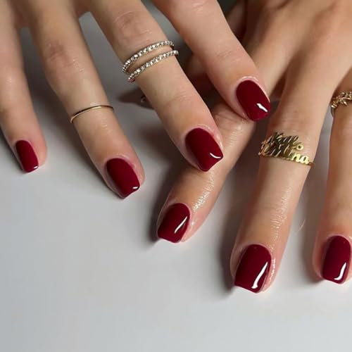 24pcs Wine Red Square Press On Nails - Short, Glossy Full-cover False Nails with Glue - Long Lasting & Removable Stick-on DIY Nail Art - Suitable for Women and Girls