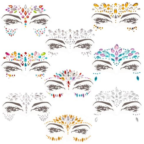 OBSGUMU Face Gems for Festivals, 9 PCS Adhesive Face Glitter Jewels Temporary Tattoo Sticker for Music Festival Holiday Party, Halloween, Christmas,Birthday Carnival