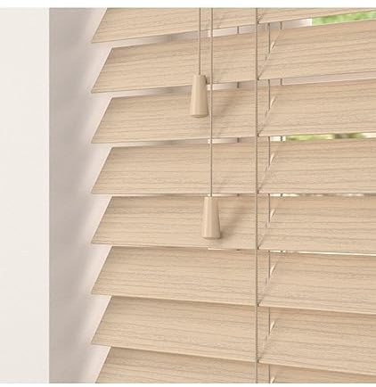 Natural Oak 50mm Faux Wood Venetian Blinds Fine Grained With Strings 120cm Drop 220cm Wide