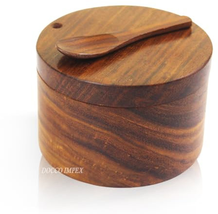 DOCCO IMPEX Handcrafted Rosewood Wooden Salt Cellar Bowl Box with Swivel Magnetic Lid - 2.5” Height, 3.5” Diameter with 6 Onces Capacity | Wooden Spices Box | Elegant Kitchen Storage Solution