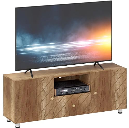 HOMCOM Mobile TV in legno Panca TV per televisori fino a 50 con 2 armadi e vano a giorno e cassetto per soggiorno camera da letto, 120 x 30 x 45 cm, legno naturale