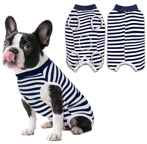PawSailor Combinaison de récupération Chien Femelle Mâle Bleu Marine XL | Rayé Combinaison Médicale Chien Coton Doux Gilet Récupération Chirurgicale Chiot, Vêtement Opératoire, Protection des Plaies