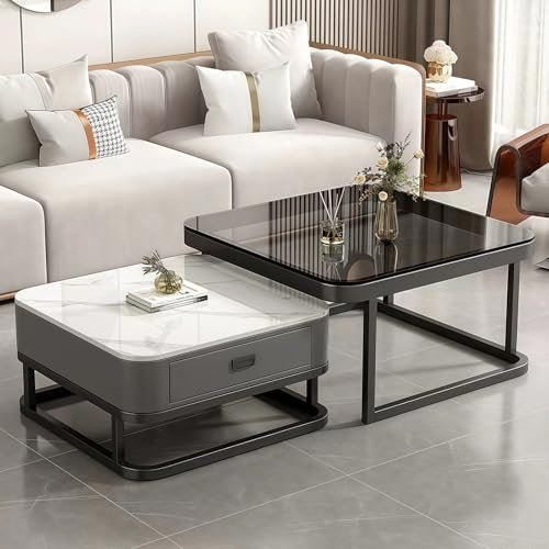 2-in-1 Coffee Table, Square Nest of Tables, Multi-functional Side Table with Storage Drawer, Marble and Tempered Glass Top, Nesting Tables for Living Room Bedroom Apartment