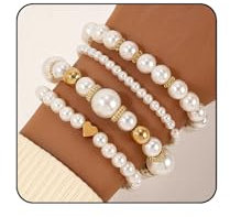 FloralGrace 4 Stück Perlen Armbänder für Damen Simulierte Perlen Perlenarmband Weiße Perlen Stapelbar Stretch Armband Set Mehrschichtig Elastische Perlen Armbänder für Damen Brautjungfern