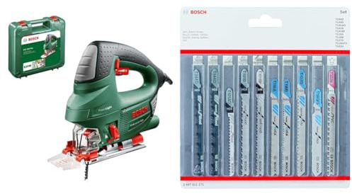Bosch Home and Garden Stichsäge PST 900 PEL (620W, Hubzahl bei Leerlauf 500 bis 3100 U/min, in Kunststoffkoffer), 06033A0200 + Accessories 10tlg. Stichsägenblätter Set (für Holz und Metall, Zubehör)