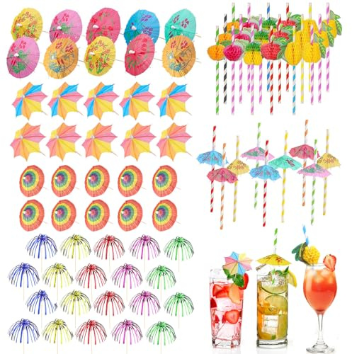 FICOFISE Cocktail Deko, 90 Pcs Cocktail Zubehör mit Cocktail Schirmchen, Papier Strohhalme, Feuerwerk Sticks, Wiederverwendbar Cocktail Party Dekorationen für Hochzeitsfeier Bar Getränke Kuchen Deko