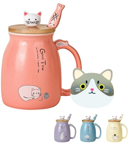OPTVTAVITA Festive Pink Cat Mug with Bamboo Lid - Cute Ceramic Coffee Tea Cup,Kawaii Gift for Women Cat Lovers Her Christmas Stocking Filler