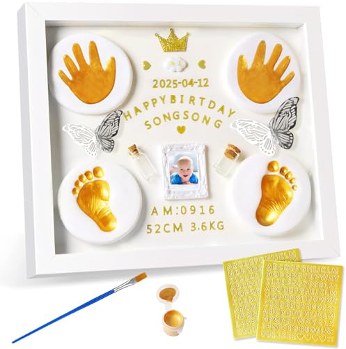 woonyee Baby Handabdruck und Fußabdruck Set mit Bilderrahmen - Inkl. Stempelkissen, Goldene Schmetterlinge und Aufkleber - Für Neugeborene