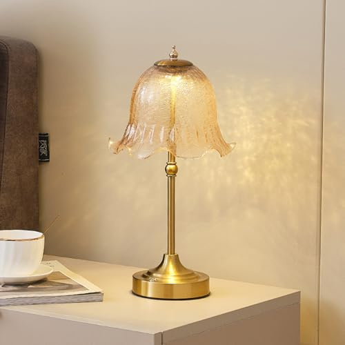 OOWOKS LED Tischlampe Akku USB Aufladbar Vintage, Touch Dimmbar Tischleuchte Kabellos mit Blumen Glas Lampenschirm, 3 Farbtemperaturen Touch Lampe für Wohnzimmer Schlafzimmer Garten