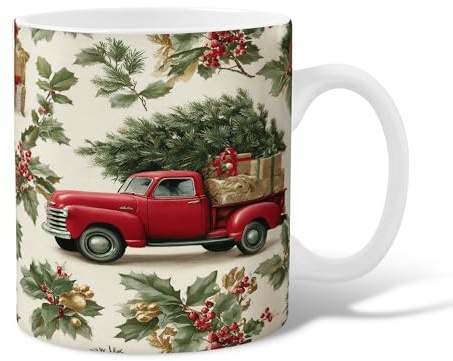 Truck Ceramic Coffee Mug, Christmas Rustic Xmas Tree Holly Red Novelty Office Drinking Cup with Handle Gift for Friendship Family Colleague Teachers Sweetheart Staff 11 Oz