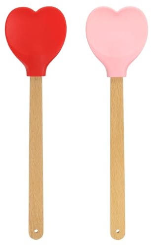 sourcing map 1 Set Silicone Spatula with Wooden Handle, Heart Shaped Spatulas Heat-Resistant Non Stick Cake Scraper for Cooking Utensil Stirring Baking, Pink, Red