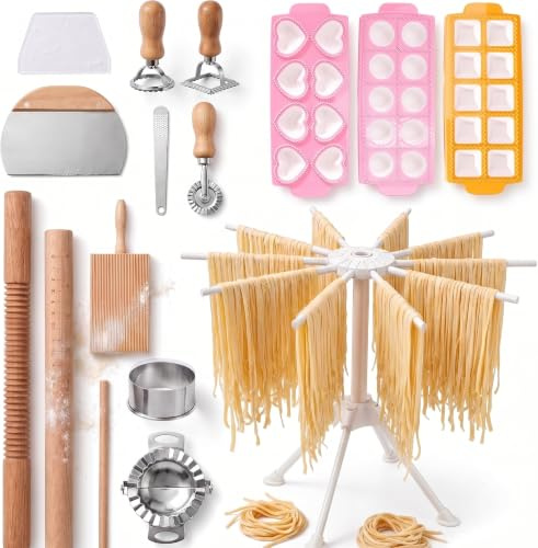 Pasta Making Kit,Pasta Maker Set 16 Piece Wooden Rolling Pin,Ravioli Cutters,Pasta Drying Rack,Complete Pasta Tools with Gnocchi Board Dumpling Mould for Fresh Pasta,Home Baking & Family Cooking