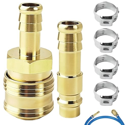 6 Stück Druckluftkupplung Set, 2x Druckluftanschluss Verschraubungen 10 mm aus Verkupferung Messing mit 4x Schellen, Schnellkupplung Druckluft, für den Schnellen Anschluss von Luftleitungen