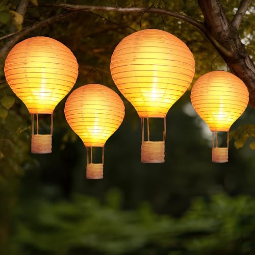 Qedertek Solarlampen für Außen Hängend, 4 Stück 30cm Lampions Solar Außen Wetterfest, Gartenlaterne mit Flackernder Flamme, Heißluftballon Nylon Solarlaterne