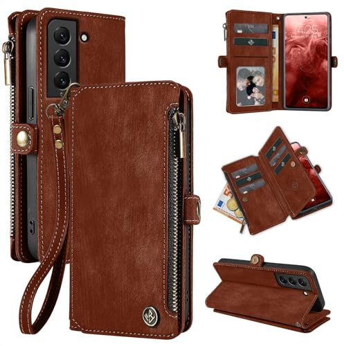 LBH Handy Hülle für Samsung Galaxy S22 5G Klapphülle RFID Schutz Wallet Geldbeutel Geldbörse Cover Case Flipcase Kartenfächer Geldfach Münzfach Dunkelbraun