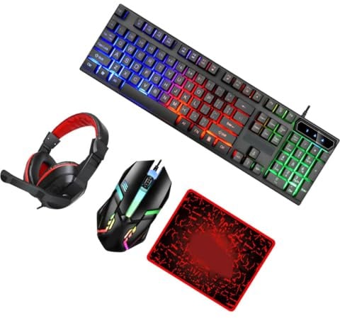 STAHAD Clavier Gamer Filaire Rétroéclairé et Souris Casque Filaire et Tapis pour Jeux et Bureau Combo Plug and Play Facile à Utiliser