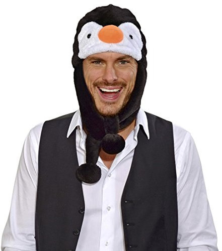 Amakando Plüsch Wintermütze Pinguin Tiermütze schwarz-weiß Vogel Plüschmütze Pinguinmütze Tier Bommelmütze Antarktis Tierhut Pinguinhut