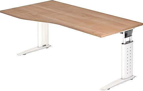 bümö höhenverstellbarer Schreibtisch U-Serie 180x100 Nussbaum, Gestell in weiß - großer PC Tisch für's Büro manuell höhenverstellbar, Computertisch verstellbar
