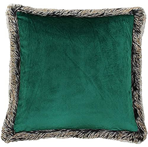 Kiruna Square Cushion Cover - Emerald Green - Faux Velvet Look and Feel - Faux Fur Edging - Reversible - Hidden Zip Closure - 100% Polyester - 45 X 45cm (18 X 18 Inches) - Made by Riva Paoletti