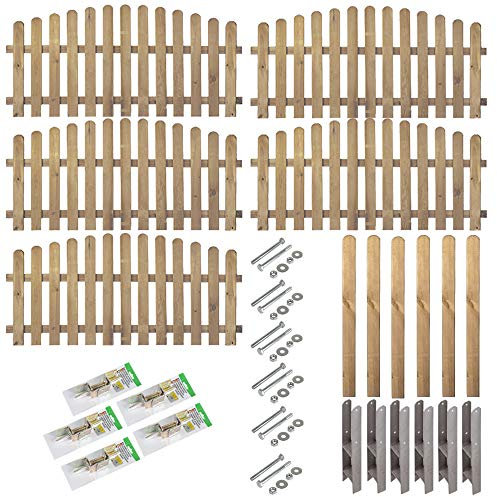 Komplett-Set Vorgarten-Zaun Friesland //5 Elemente (200 x 95 abfallend auf 80 cm (B x H)) inkl. Zubehör // ca. 10,54 lfd. Meter // + 6 Zaun-Pfeiler mit Rundkopf (9 x 9 x 95 cm) + Montagematerial