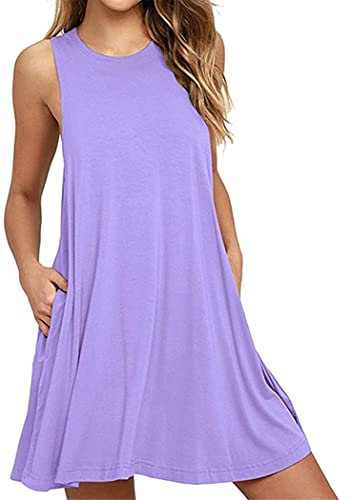 OMZIN Damen Sommer Casual Tunika Tank Kleid mit Taschen, XXL, Tasche-hellviolett