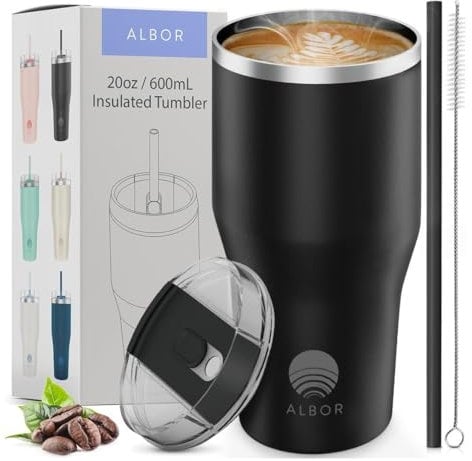 ALBOR Mug Isotherme Cafe avec Paille 20oz/600ml - Mug Thermos Isotherme - Tasse Isotherme Café - Gobelet avec Paille et Couvercle - Tumbler avec Paille - Travel Mug - Noir