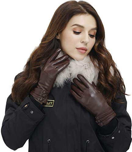 isilila Weiche Schaffell-Leder-Handschuhe für Damen, Premium-Winter, warme Touchscreen-Thermohandschuhe für SMS/Fahren/Tippen, Braun, Medium