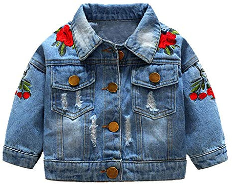 Jimmackey Giacca Jeans Bambina Giacca Denim per Ragazze, Giubbotto Jeans Bambino Giacca Denim Ragazzi Giubbino Casuale Ricamo Fiori Cappotti Neonata Invernali Eleganti Giacche