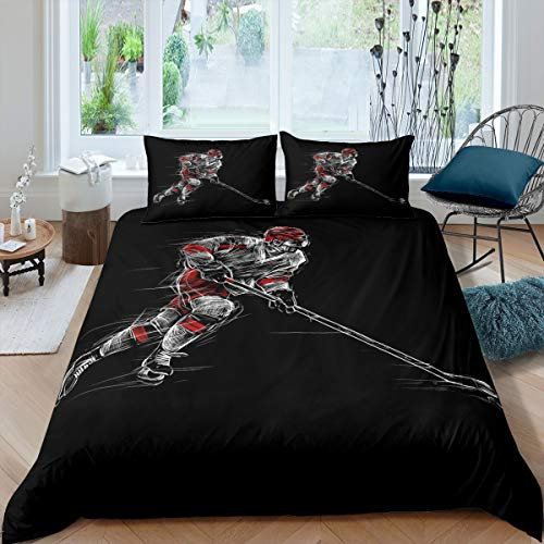 Eishockey Bettwäsche Set 135x200cm Winter Eissport Thema Betten Set für Teenager Hockeyspieler Drucken Bettbezug Set Schwarz Wintersport Hobby Raumdekor