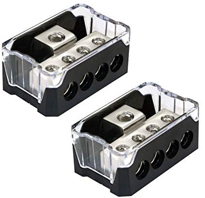 RKURCK Power Distribution Block, 0/2/4 AWG Gauge in, 4/8/10 Gauge Out,4 Way Car Audio Stereo Amp Distribution Connecting Block for Audio Splitter 2 Pcs (1 In 4 Out)