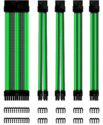 Phoenix - Kit Cables Extensores Fuente de Alimentación, 24 Pines ATX, 4 + 4 Pines EPS, 6 + 2 Pines GPU, PSU Kit de Cable de Extensión de 30 cm, 18 AWG (Negro y Verde)