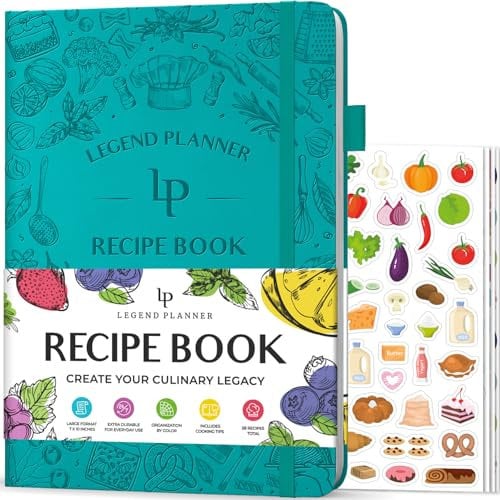 Legend Recipe Book – Blank Family Cookbook to Write In Your Own Recipes – Empty Cooking Journal – Personalized Cooking Notebook, Hardcover, Large 18x25.5cm Format, 58 Recipes Total - Turquoise