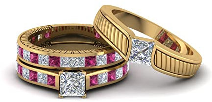 CaratYogi Ensembles de Mariage en Diamants Assortis gravés plaqué Or Jaune Saphir Rose créé Princesse façonner Ensembles de bagues de Mariage Trio Cadre Ferme Taille 67