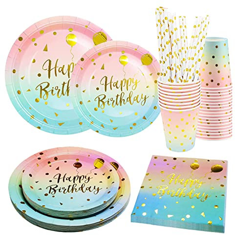 Bymivofun 125 piezas Juego de Vajilla de Cumpleaños de Arcoíris, para 25 Invitados, Suministros de Papel para Fiestas de Cumpleaños Infantiles, para Niños, Niñas, Decoración de Cumpleaños con Tema