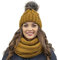 VIVISENCE Trendiger Damen Winter Set Aus Bommelmütze Und Loop-Schal Aus Wärmendem Garn Mit Innenfutter Aus Vlies Perfekte Passform Für Kalte Wintertage Modisches Design, Dunkelgelb,Einheitsgröße