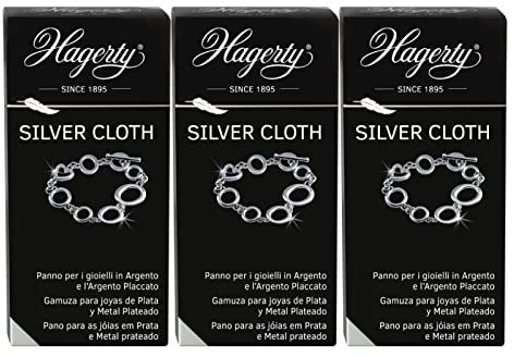 Hagerty Silver Cloth Chiffon de nettoyage pour bijoux en argent ou plaqué argent, chiffon nettoyant imprégné en coton, 36 x 30 cm, 3 chiffons, Coton