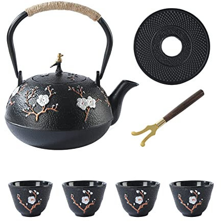 SECHUDO Tea Set Tea Kettle Japanese Style Beautiful Black Cast Iron Teapot Set with 4 Cups,1 Trivet and 1 Lid Holder,40.6oz Teapot with Infuser for Stove Top Safe