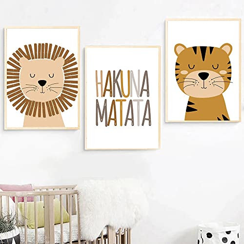 Youihom 3 Poster Tiere Kinder Bild Kinderzimmer Jungen 30 x 40 cm Boho Poster Safari Löwe Tiger Hakuna Matata Bild Wanddekoration Babyzimmer Drucke auf Leinwand ohne Rahmen