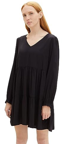 TOM TAILOR Denim Damen 1038152 Kleid mit Volant & V-Ausschnitt, 14482-deep Black, M