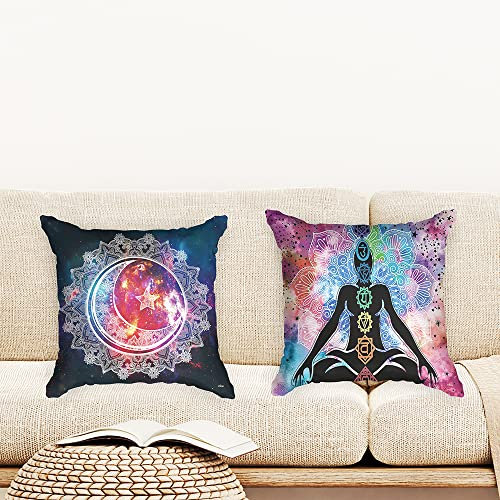 Ulticool - Kissenhülle - Chakra Heilung Aura Spiritualität Mandala - Set von 2 Motiven – 45 x 45 cm - Dekokissen ohne Füllung - Kissenbezug Zubehör für Sofa/Bett - Weiß Lila Blau