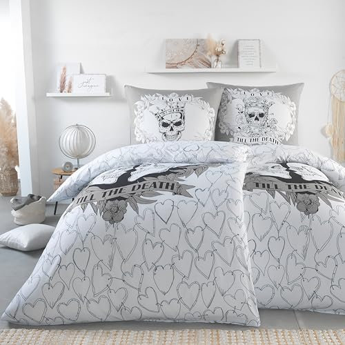 BaSaTex Microfaser Partner Bettwäsche mit Wendemotiv | 2X 155x220 Bettbezug + 2X 80x80 Kissenbezug | Mikrofaser Bettwäsche Set 4 teilig für Paare | Design: Till The Death Bright