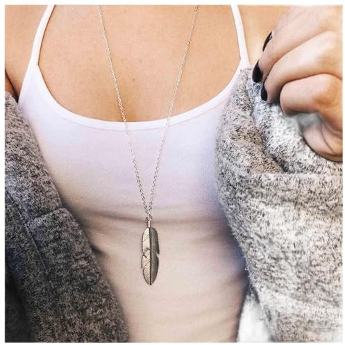 Dervivea Boho-Feder-Halskette Lange Feder-Anhänger-Halskette Silberblatt-Halskette Vintage Lange Halskette Deckförmige Halskette Kettenschmuck Für Frauen Und Mädchen