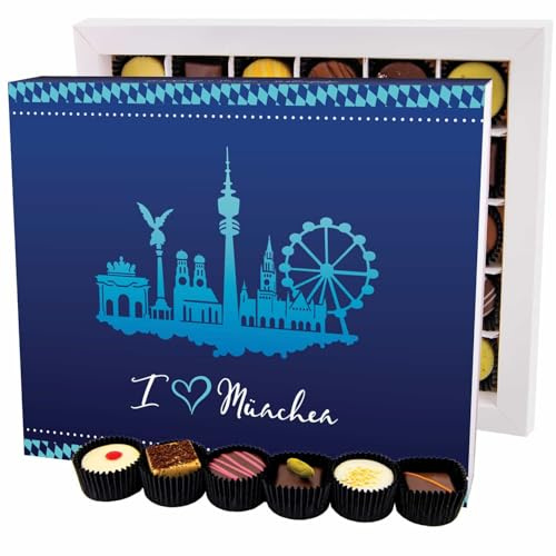 Hallingers Genuss Manufaktur Pralinen Geschenk - ohne Alkohol, handmade aus Confiserie-Edelkakao in wertiger XXL-Geschenkbox I love München, Geschenkidee für Frauen Männer