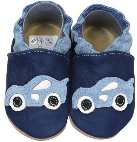 HOBEA-Germany Krabbelschuhe für Jungs und Mädchen in verschiedenen Designs, Kinderhausschuhe, Lederschuhe, Schuhgröße:16/17, Modell Schuhe: Rennauto dunkelblau