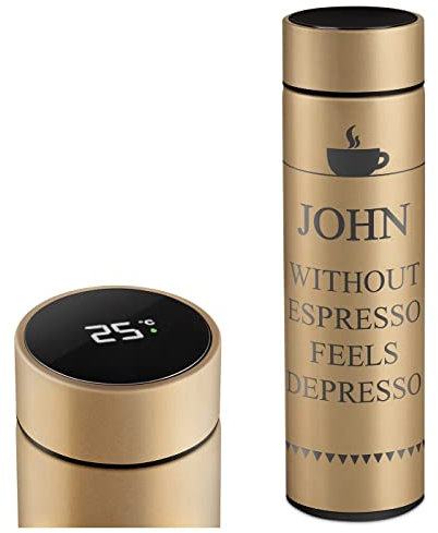 Maverton Travel Mug with Engraving for Man - 450 ml Vacuum Insulated Flask - Removable Tea Infuser - Personalised Gold Mug for Birthday - LED Temperature Display - for him - Espresso