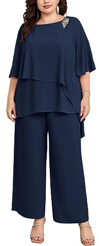 Hanna Nikole Damen Große Größen Hosenanzug Cape Sleeve Zip Rhinestones Loose Round Neck Wide Leg Pants Chiffon Comfortable Lined Festival Summer Elegant High Waist Dunkelblau 52