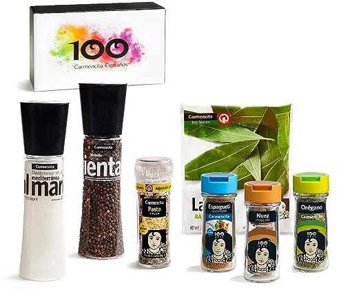 CARMENCITA - Pack Italian Food | Molinillo Especias Sal Marina Mediterránea | Pimienta Negra | Foodie Pasta Pizza | Sazonador Espagueti, Nuez Moscada, Orégano y Hojas de Laurel, 7 unidades 706 g