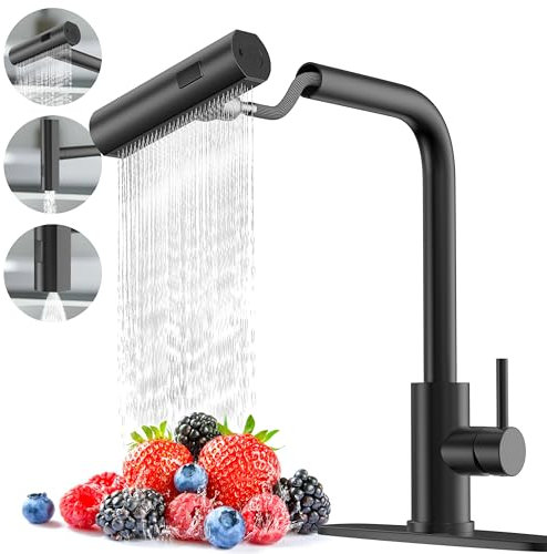 AVSIILE Küchenarmatur mit herausziehbarem Sprüher, schwarzer Wasserfall-Touch, Einloch-Edelstahl-Küchenspüle, kommerzielle moderne Einhandarmaturen für Küchenspülen mit herausziehbarem Sprüher