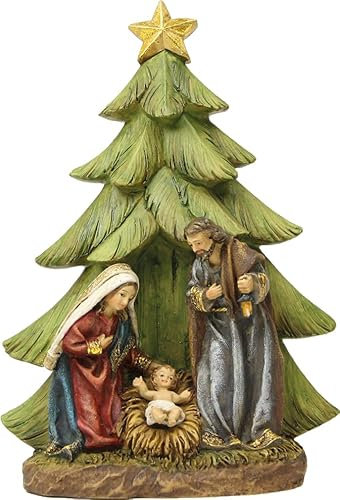 FADEDA Hlg. Familia entre abetos, bloque de pesebre, altura: 16 cm, pintadas a mano, figuras de belén fieles - decoración de mesa de Navidad