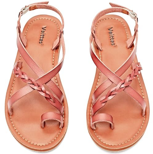 Veittes Frauen Slide Sandalen - Freizeitsandalen mit geflochtenen Zehenringen und Kreuzriemen.(2208001,BR/MF,38.5)